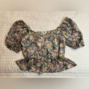 Peach brand semi sheer floral print peplum top